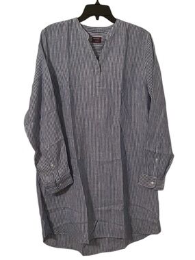 Untuckit Women's Blue White Striped Relaxed Linen Constantia Tunic Shirt Size 16